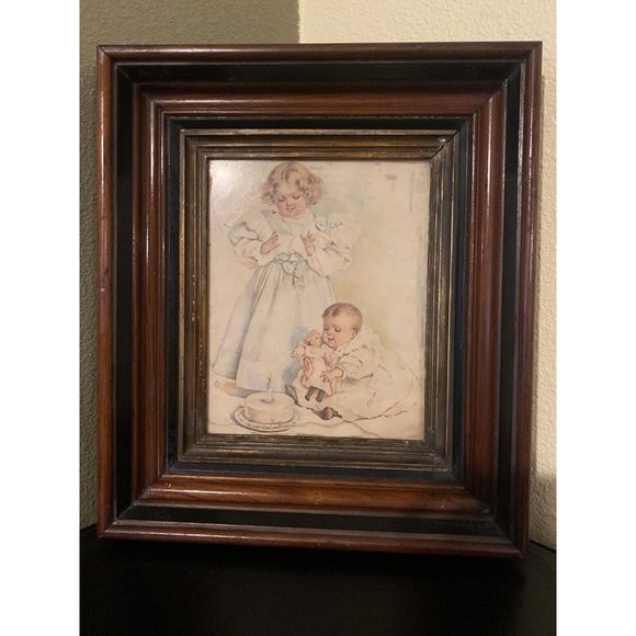 Antique Maud Humphrey Art Print Original Amazing Wood Frame 1st Birthday